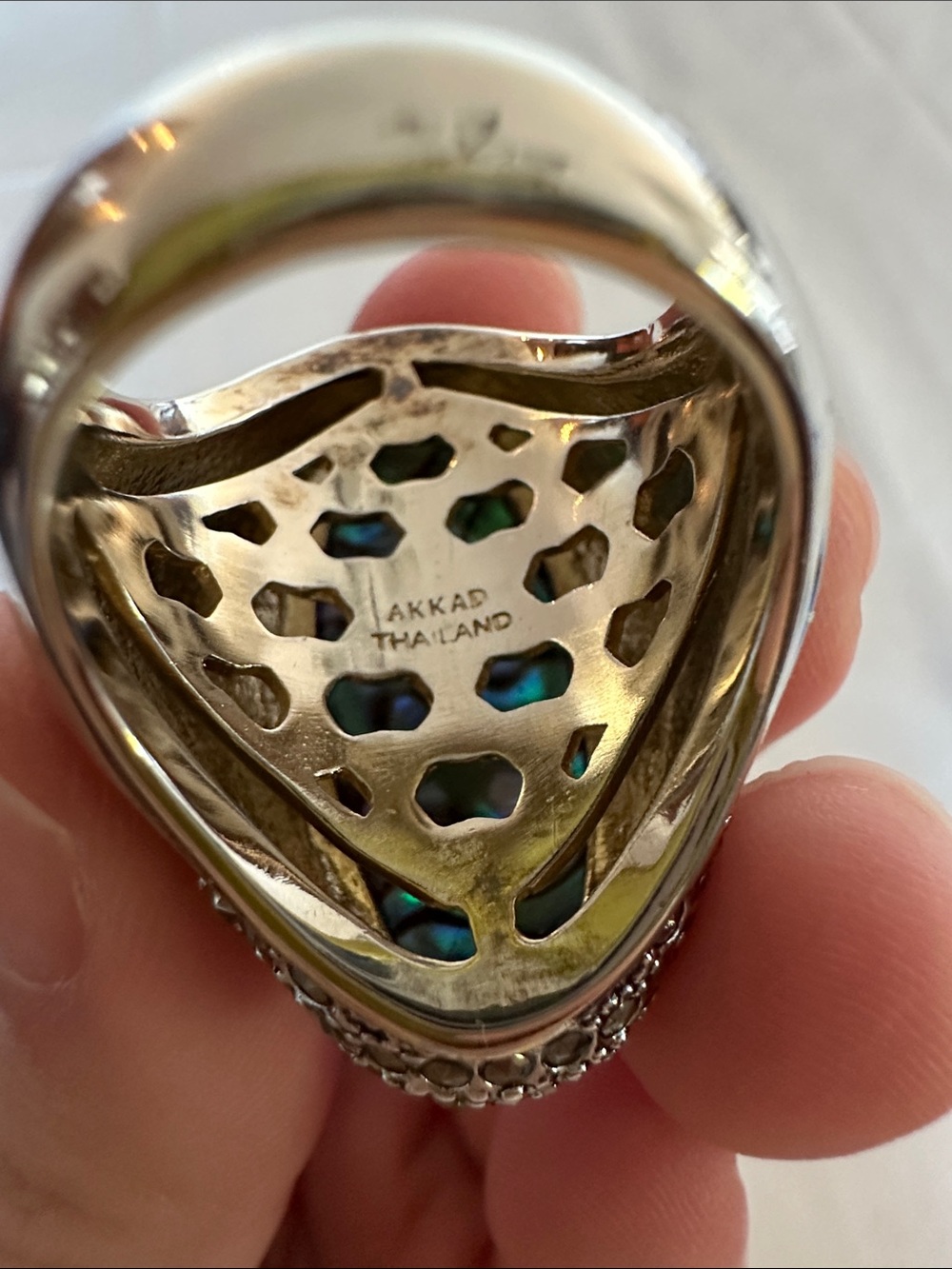 AKKAD Silver-Tone Blue Abalone Crystal Statement Ring - Picture 10 of 13